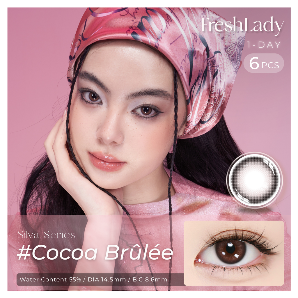 FreshLady Cocoa Brûlée rose-brown daily disposable coloured contacts shown on a model